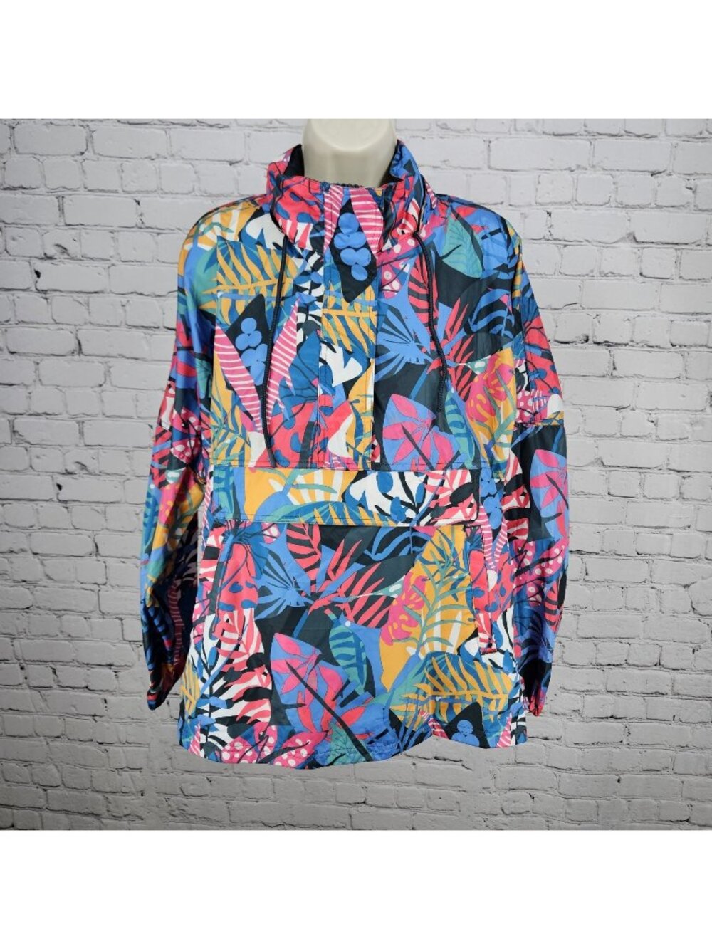 Lauren James Multicolor Leaves Hideable Hood Zip Pocket Windbreaker Jacket Large